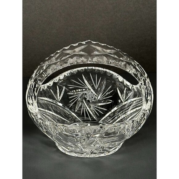 Vintage Pressed Glass Crystal Handled Basket Candy Dish Pinwheel Design - Picture 6 of 16